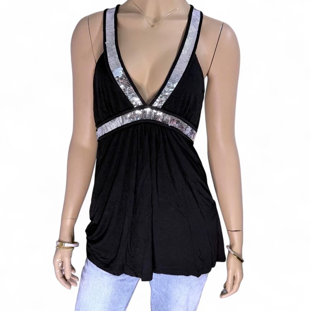 Vintage Forever 21 Black Halter Mini Dress Women Large Sequin Y2K 2000s Top Rare